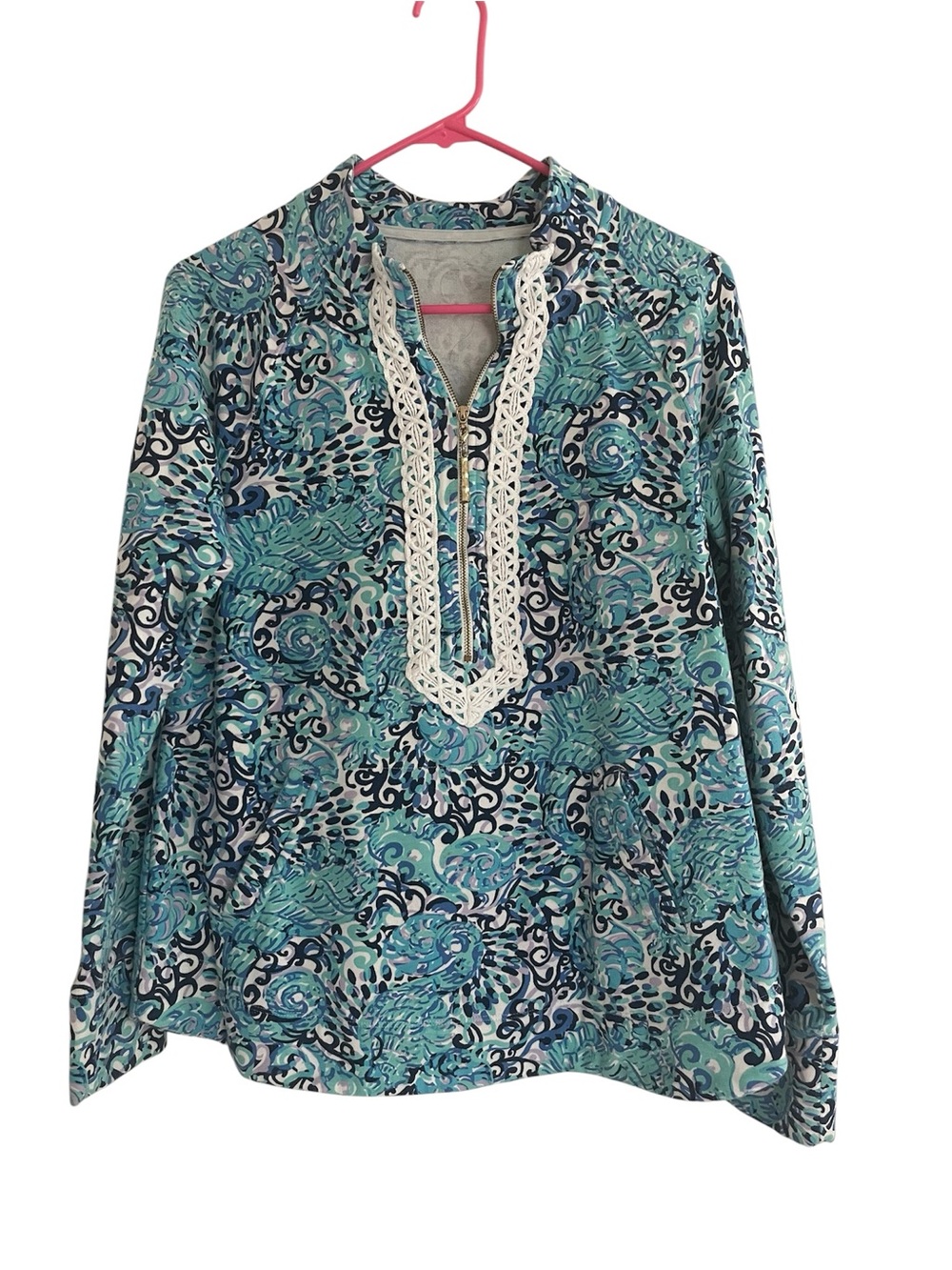 🌺 Lilly Pulitzer Turquoise, Teal and Navy Printed Tunic with Lace Trim